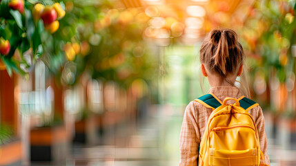 Obraz premium Young girl with a yellow backpack standing in a hallway with a bokeh background, representing back-to-school and childhood themes. Ideal for educational promotions and lifestyle content