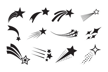 Shooting stars icon vector set.  Flying and falling stars comet with tail. Abstract fantasy galaxy element. Shooting stars silhouette isolated from background.