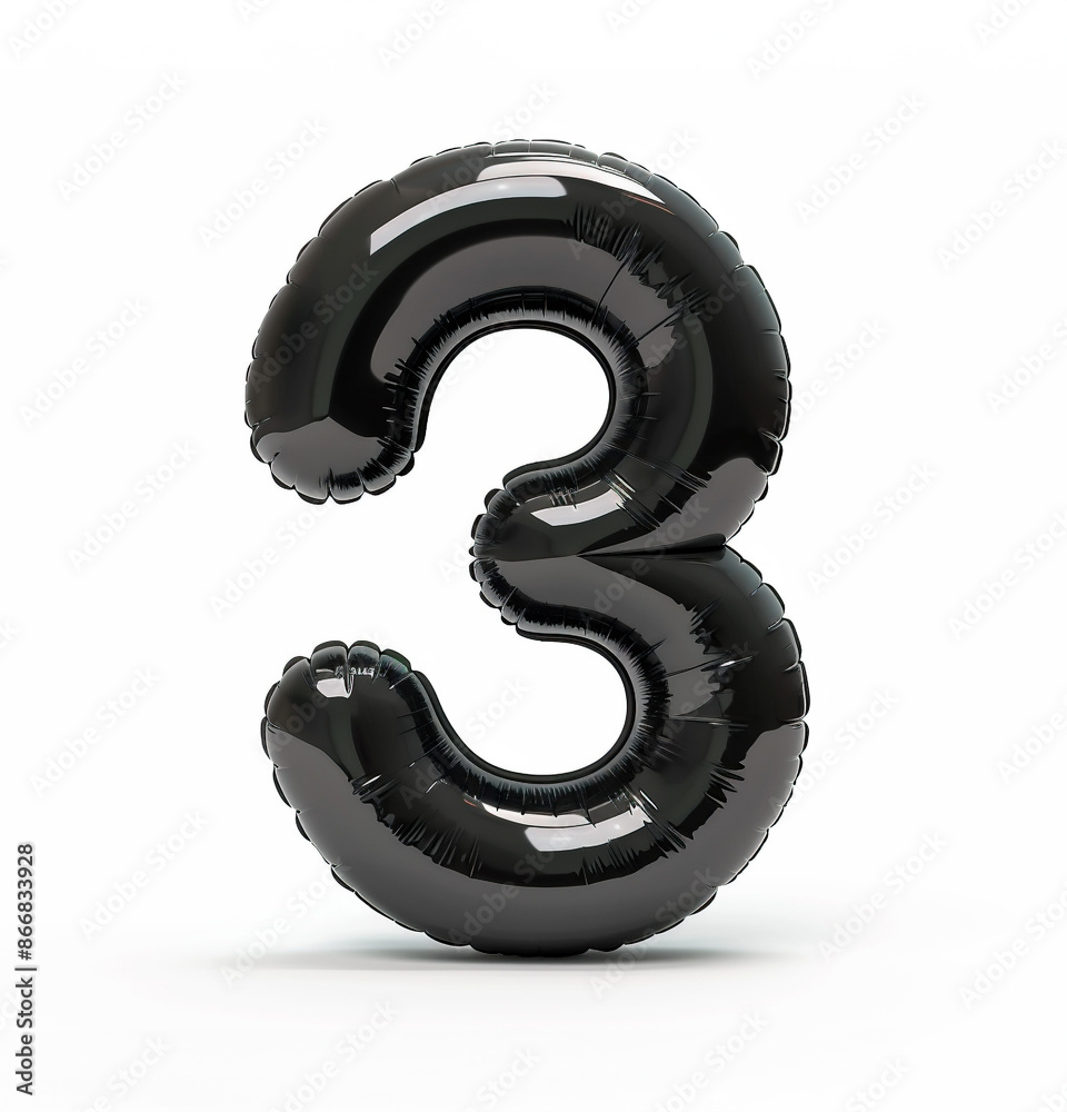 Fototapete AI generated photo with inflatable black color number 3. Minimalistic balloon isolated on a white background