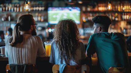 Fototapeta premium Three friends are sitting at a bar watching a football game on a large screen TV. They are enjoying drinks and laughing together