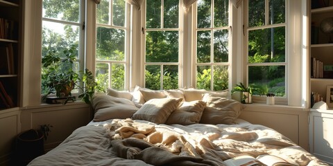 A cozy, residential bedroom with greenery, modern furniture, and bright, comforting design.