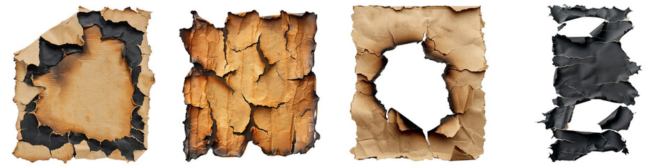 Naklejka premium Set of four burnt paper textures isolated on white background, Png file.