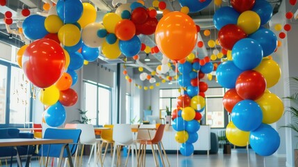 A modern office space decorated with colorful balloons for a celebratory event. Generative AI