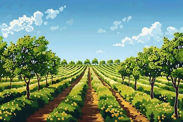 Naklejka premium A color-blocked depiction of a serene orchard with rows of fruit trees
