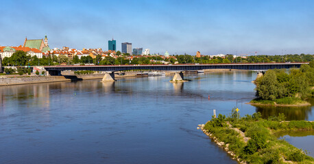 Old Town Stare Miasto, Powisle and Mariensztat districts panoramic view with Slasko Dabrowski bridge over Vistula river in Warsaw in Poland