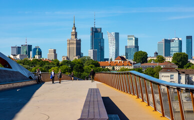 Srodmiescie and Wola downtown panoramic view with city center modern towers and skyscrapers over Powisle district onshore Vistula river in Warsaw in Poland