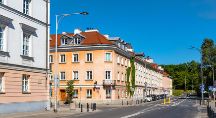 Historic XIX century tenement houses at Dobra and Bednarska street in Old Town district of Warsaw in Poland