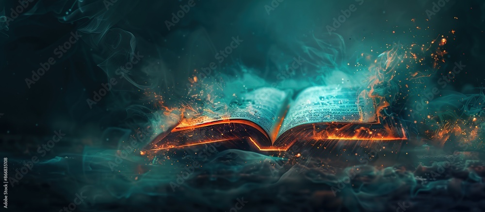 Poster magic book of knowledge with powerful light on dark mystic background.