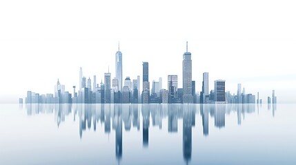 Modern city skyline with smart infrastructure and interconnected buildings displayed on a minimalist white background, emphasizing the role of technology in shaping urban environments, in realistic