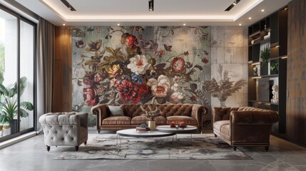 A stylish living room with oily floral patterned wallpaper, combining modern furniture with artistic wall designs