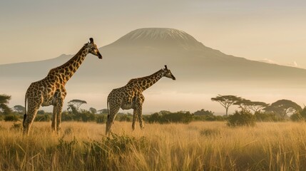 Fototapeta premium Two giraffes stand tall in the Serengeti grasslands, silhouetted against the majestic backdrop of a distant mountain