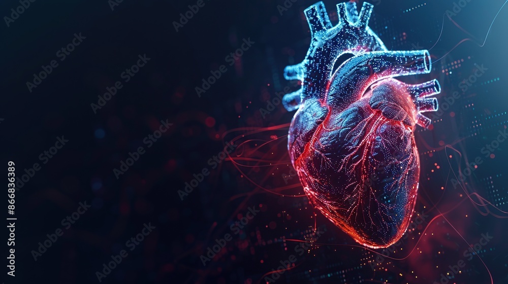 Poster abstract digital human heart with medical symbols and data visualizations on a dark background.