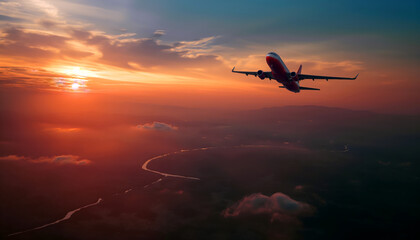 Airplane Soaring Through the Sunset