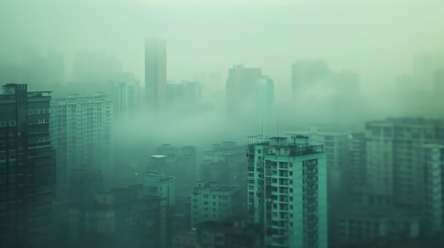 Fog covers urban buildings creating a mysterious atmosphere.