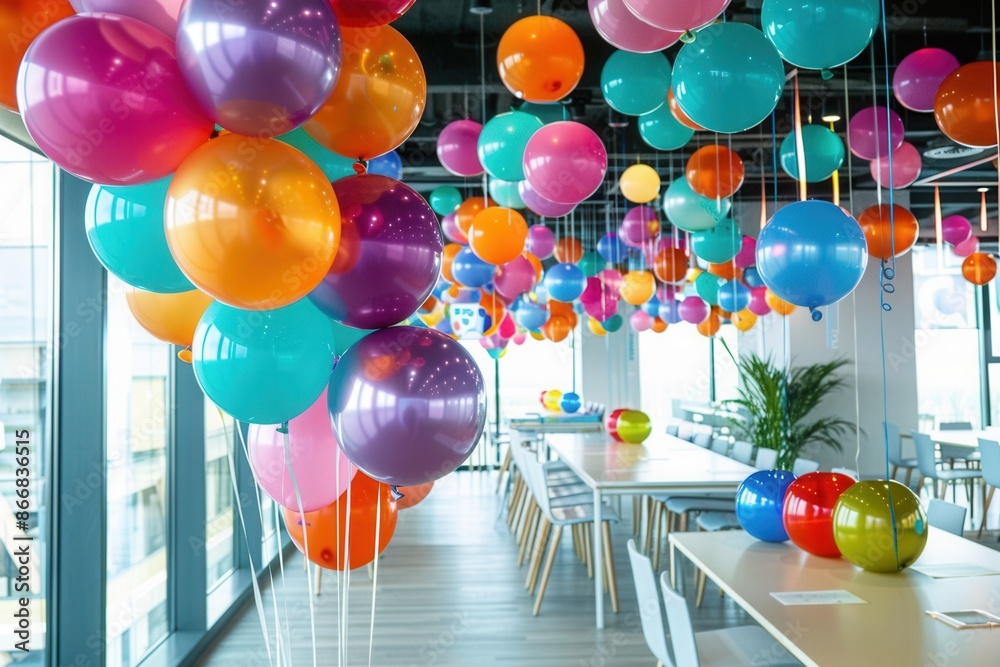 Aufkleber a modern office space is decorated for an event with colorful balloons hanging from the ceiling and 