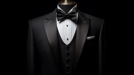 Elegant custom tailored suit and tuxedo on mannequin against plain background, showcasing luxury