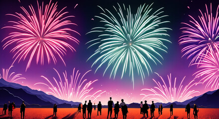 People Watching Fireworks in Sky Landscape Illustration