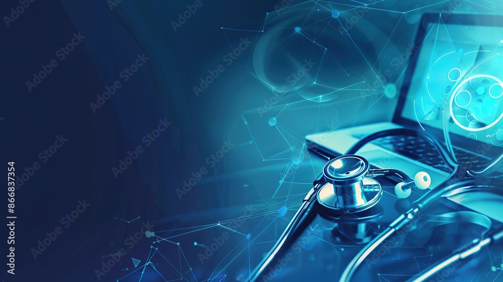Poster stethoscope and laboratory equipment, displaying data visualizations on abstract medical background.