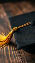 Graduation cap with gold tassel on wooden background