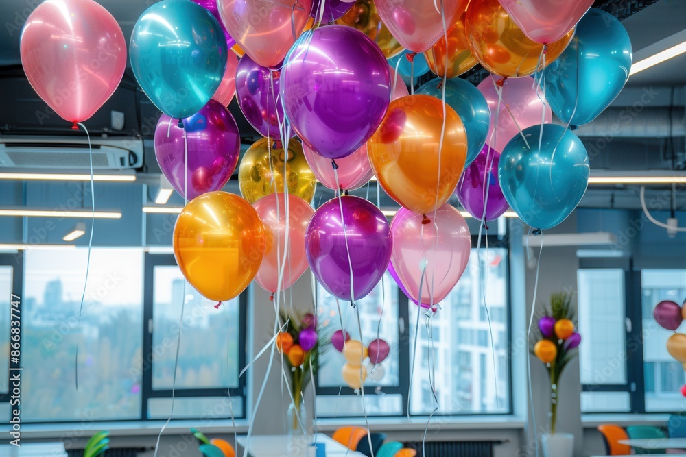Poster a group of colorful balloons hangs from the ceiling in a modern office, celebrating a company event.