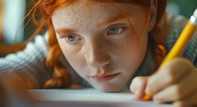 Close up of a focused young girl with freckles and red hair concentrating on her schoolwork.