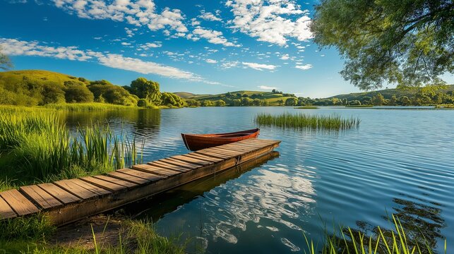 
A serene lakeside scene featuring a wooden dock extending into the water, a boat moored at its edge, surrounded by vibrant greenery and rolling hills under a clear, sunny sky. 