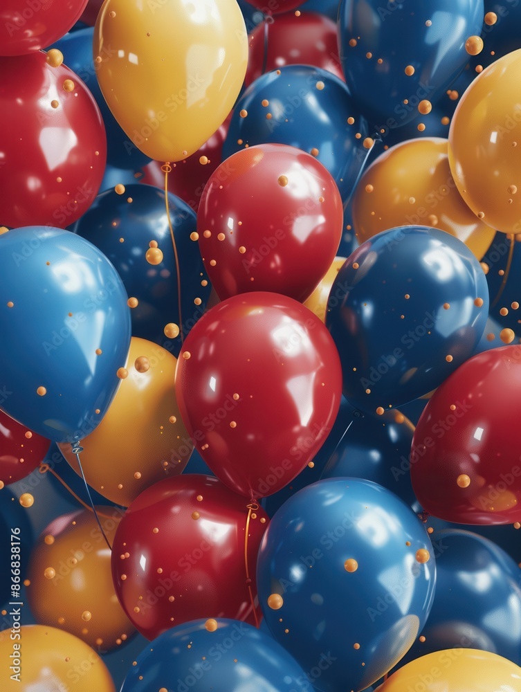 Poster close-up view of red, blue, and gold balloons floating in a cluster, decorating an office event. gen