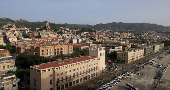 Messina Sicily port city historic buildings churches overhead. Largest port in Mediterranean, Busiest passenger port in Europe. Harbor city. Historical buildings and churches. Cathedral of Messina.