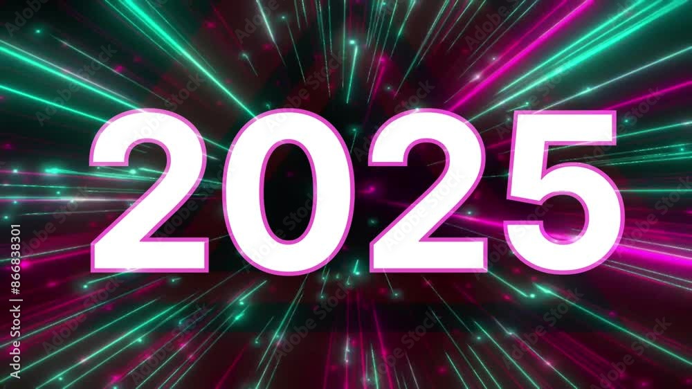 Poster 2025 new year numbers on vibrant neon light streaks radiating from central point in dark background