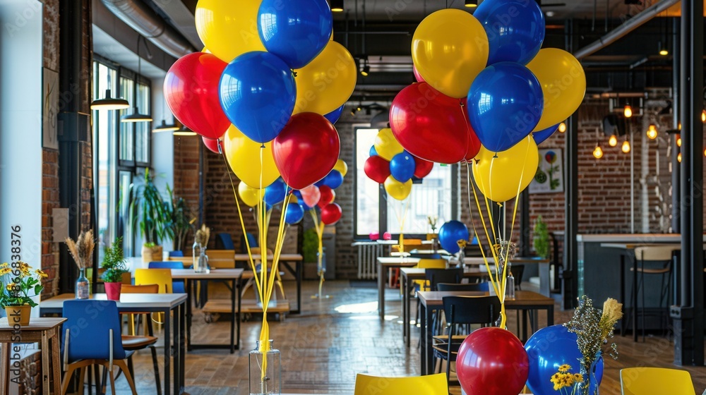 Poster colorful balloons decorate an office event space, creating a festive atmosphere. generative ai