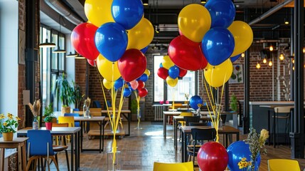 Colorful balloons decorate an office event space, creating a festive atmosphere. Generative AI