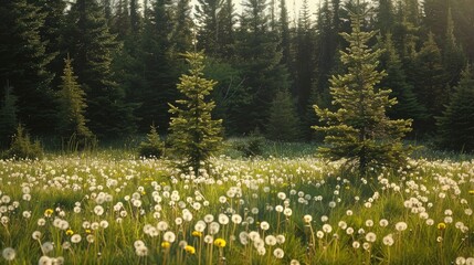 Obraz premium Young spruce trees thrive in a dandelion filled field amidst the forest backdrop