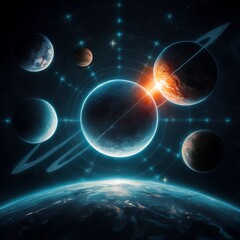 A backdrop of a moon system with planets and stars,  Cosmos, stars, planets continuous backdrop, The planets are diverse, with some resembling earth, others covered in lush greenery