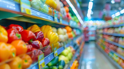 Displays of fresh fruits and vegetables line the store