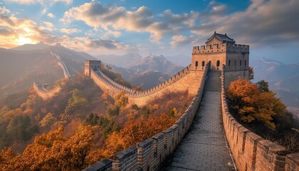 The Great Wall of China is enveloped by warm sunlight, casting a golden hue on autumn leaves