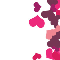 Bright hearts confetti corner frame on white background. Valentine's Day. Banner template. Space for text. illustration.