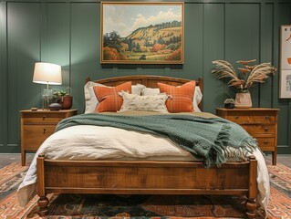 Green Panelled Bedroom With Vintage Bed