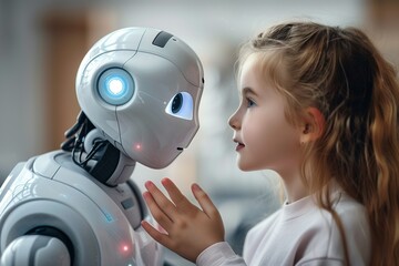 A cute girl is playing with a robot in future concept
