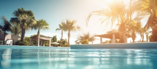 Fototapeta premium blurred swimming pool at a tropical resort with a summer banner background - can be used to display or montage your products. view from the pool to the blur of palm trees