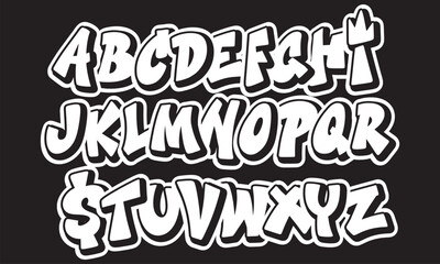 Street graffiti style alphabet, hand drawn. youthful urban atmosphere. vector graffiti alphabet on black background