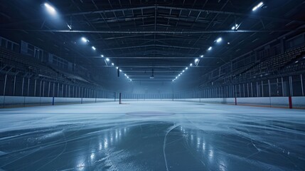 A wide shot of an empty ice rink illuminated by bright lights in an indoor arena