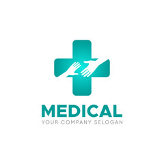 logo helping hand medical healthcare design vector symbol cross and helping hand icon illustration