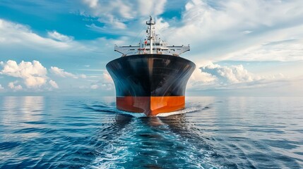 Cargo ship sailing on calm sea. A large cargo ship sails on a calm sea, with blue skies and fluffy clouds in the background.