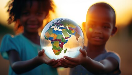African children holding a crystal globe in their hands, ecology and sustainable environment concept.