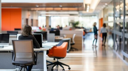 Woman working in modern office environment. Businesswoman working on computer at desk in open plan office with coworkers in background, showcasing modern workspace and collaborative environment