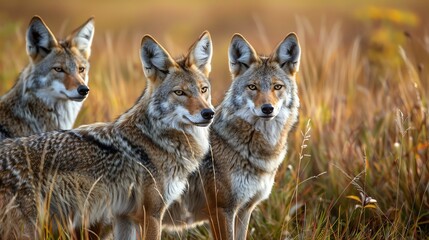 Fototapeta premium A coyote stands alert in a lush grassy field, surveying its surroundings. 