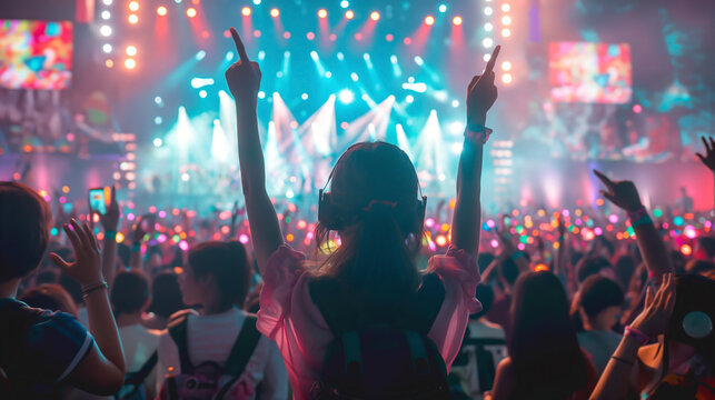 A vibrant scene at a K-pop concert with a back of Korean fans cheering enthusiastically