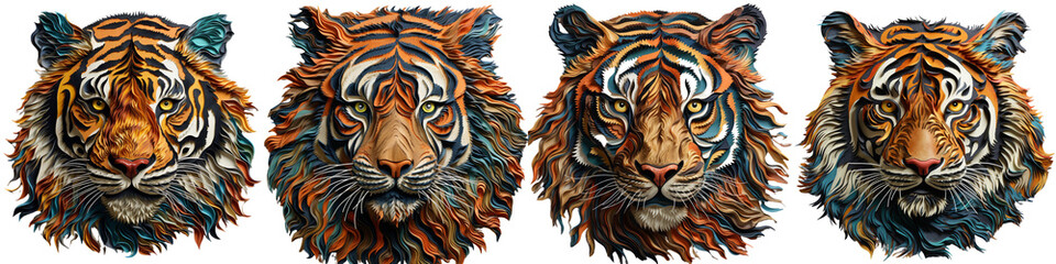 set of a isolated tiger head with vibrant colors and detailed texture on transparent background