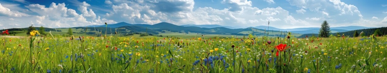 Obraz premium Wildflower Meadow With Rocky Mountain View