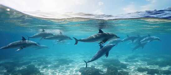 Fototapeta premium Dolphins Swimming in a Crystal-Clear Ocean